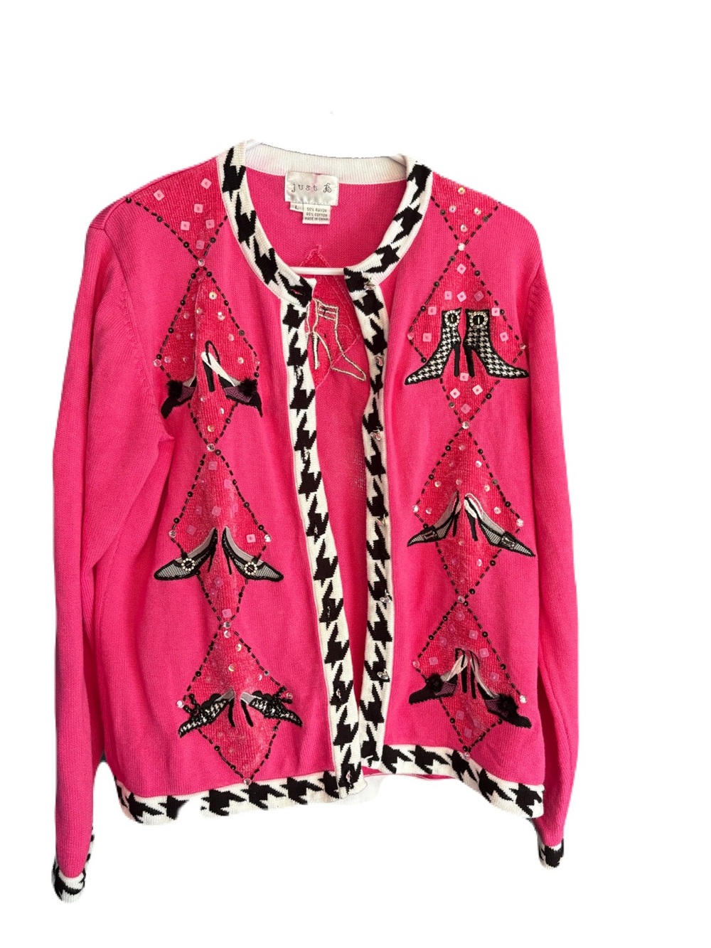 Just B Pink Houndstooth Shoe Cardigan L Beaded Sequin Y2K Novelty Sweater